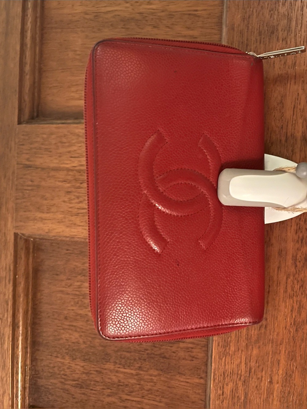 CHANEL Red Caviar Zip Wallet with Embossed CC